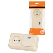 Блок комбинированный выключатель 1-кл. с подсветкой 10А + розетка 2П 10А 250В БКВР IP20 сл. кость «Ладога» TDM